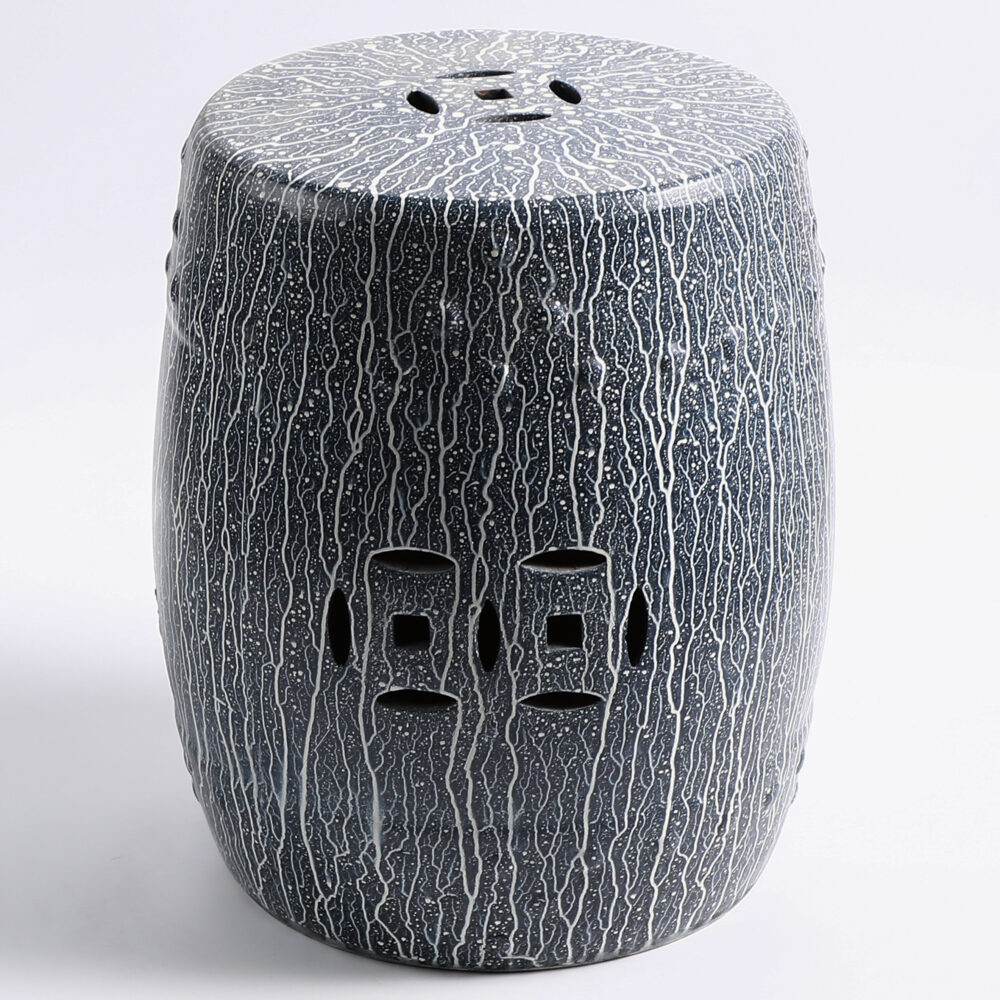 Low Profile Crackle Texture Ceramic Drum Stool with Coin Cutout