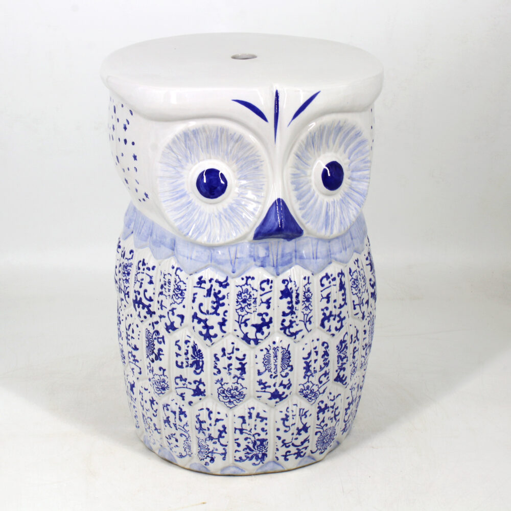 Owl Sculptural Blue and White Pattern Ceramic Stool