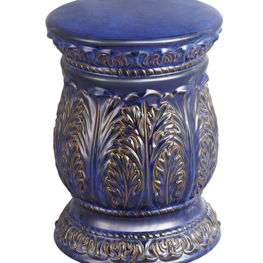 Acanthus Leaf Embossed Ornate Ceramic Drum Stool