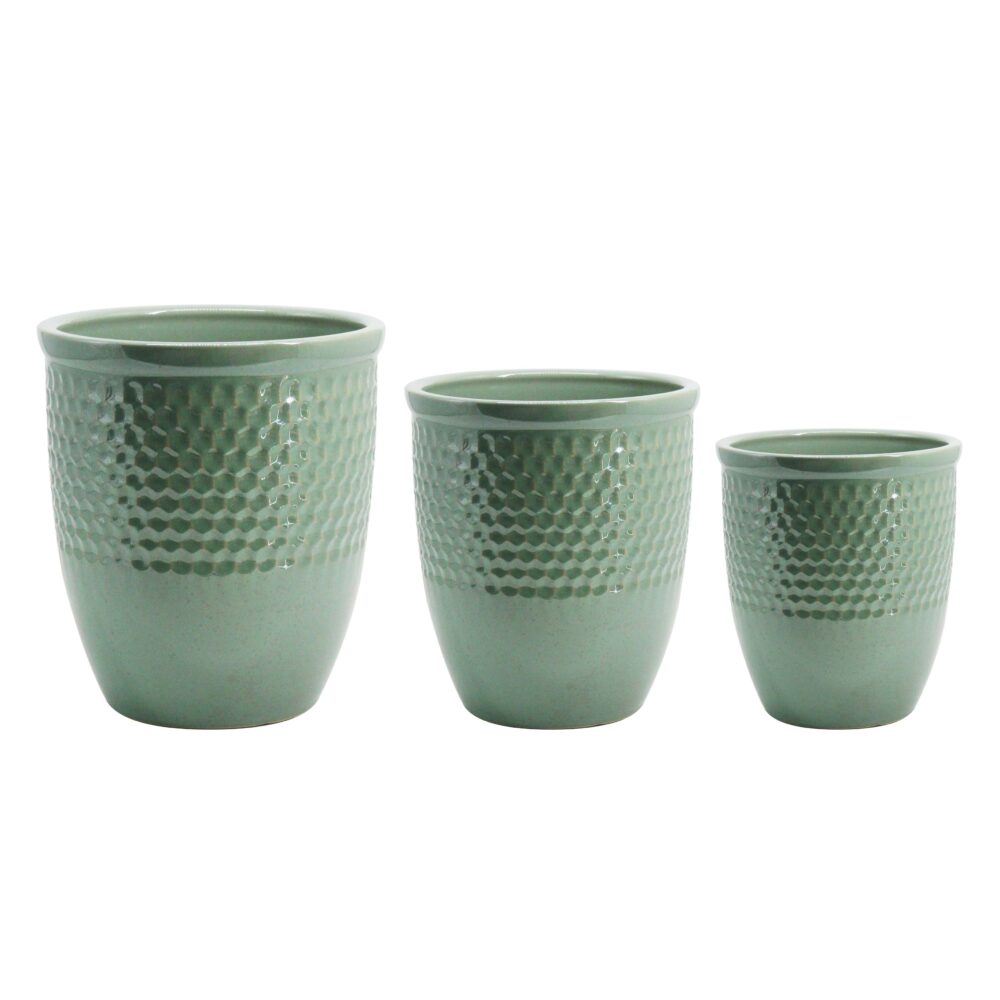 Set of 3 Two-Tone Honeycomb Embossed Ceramic Planters  A473