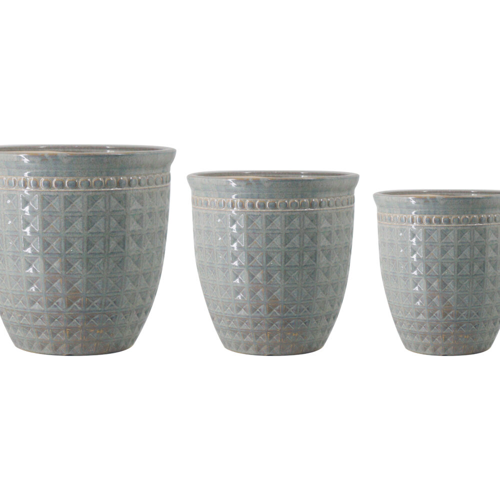Set of 3 Diamond Embossed & Rimmed Ceramic Planters