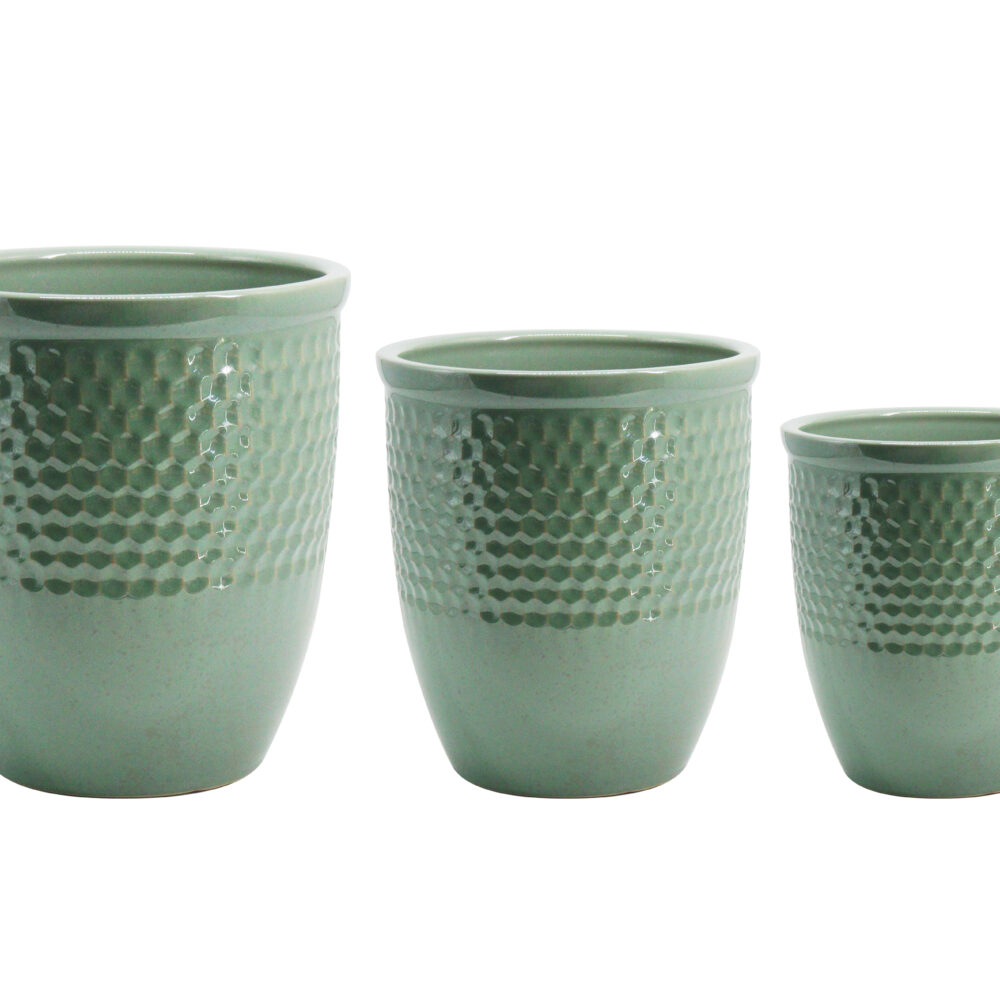 Set of 3 Two-Tone Honeycomb Embossed Ceramic Planters