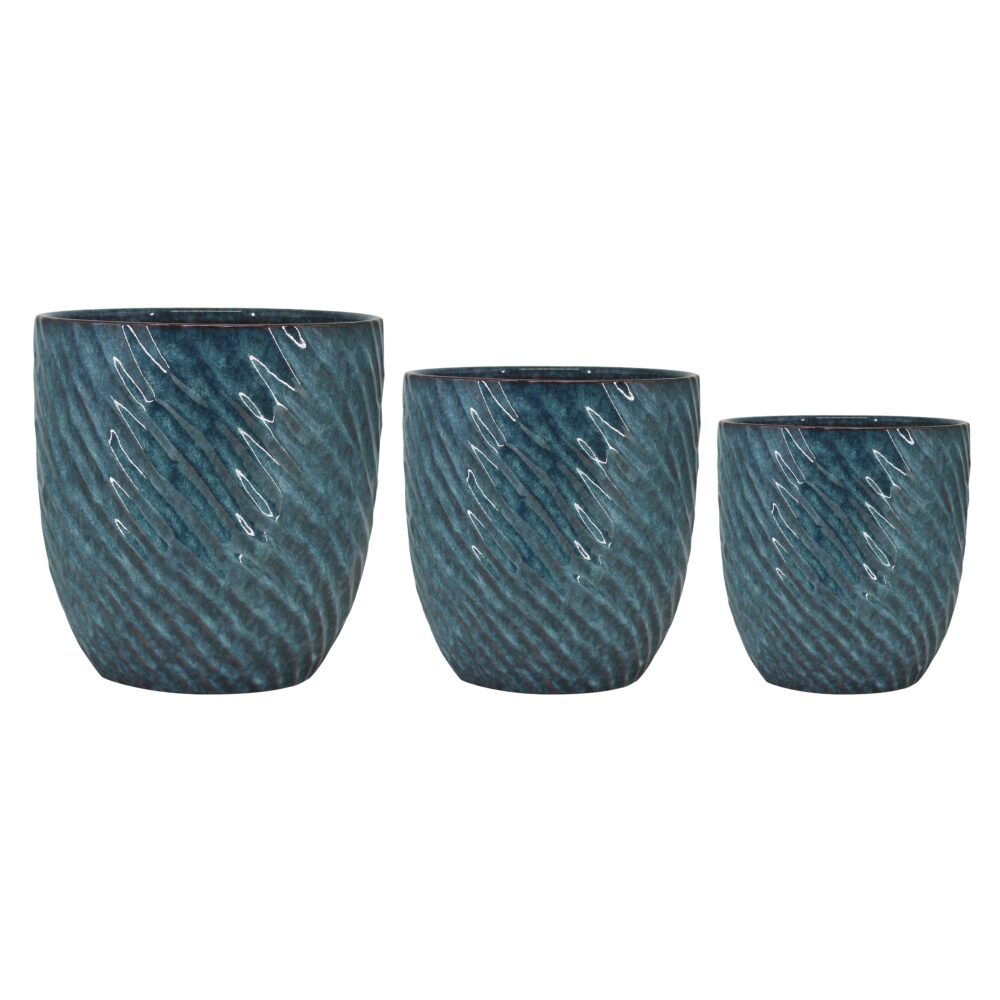 Set of 3 Diagonal Swirl Ribbed Ceramic Planters