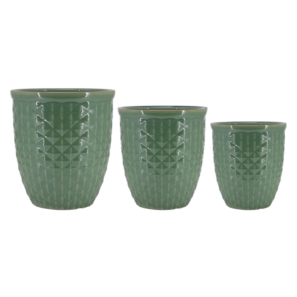 Set of 3 Vertical Line & Diamond Embossed Ceramic Planters