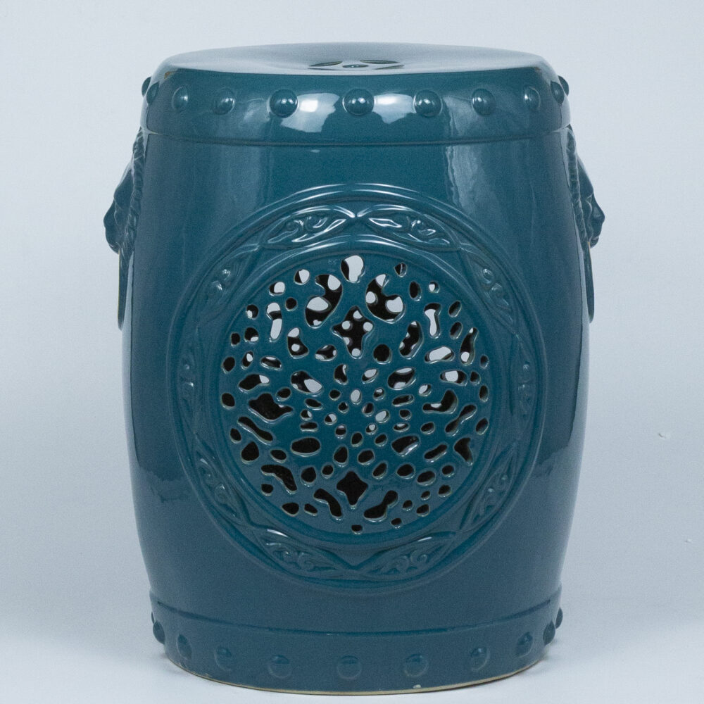 Traditional Drum Shape Ceramic Stool with Hollow Floral Cutout & Lion Head Accents GS102