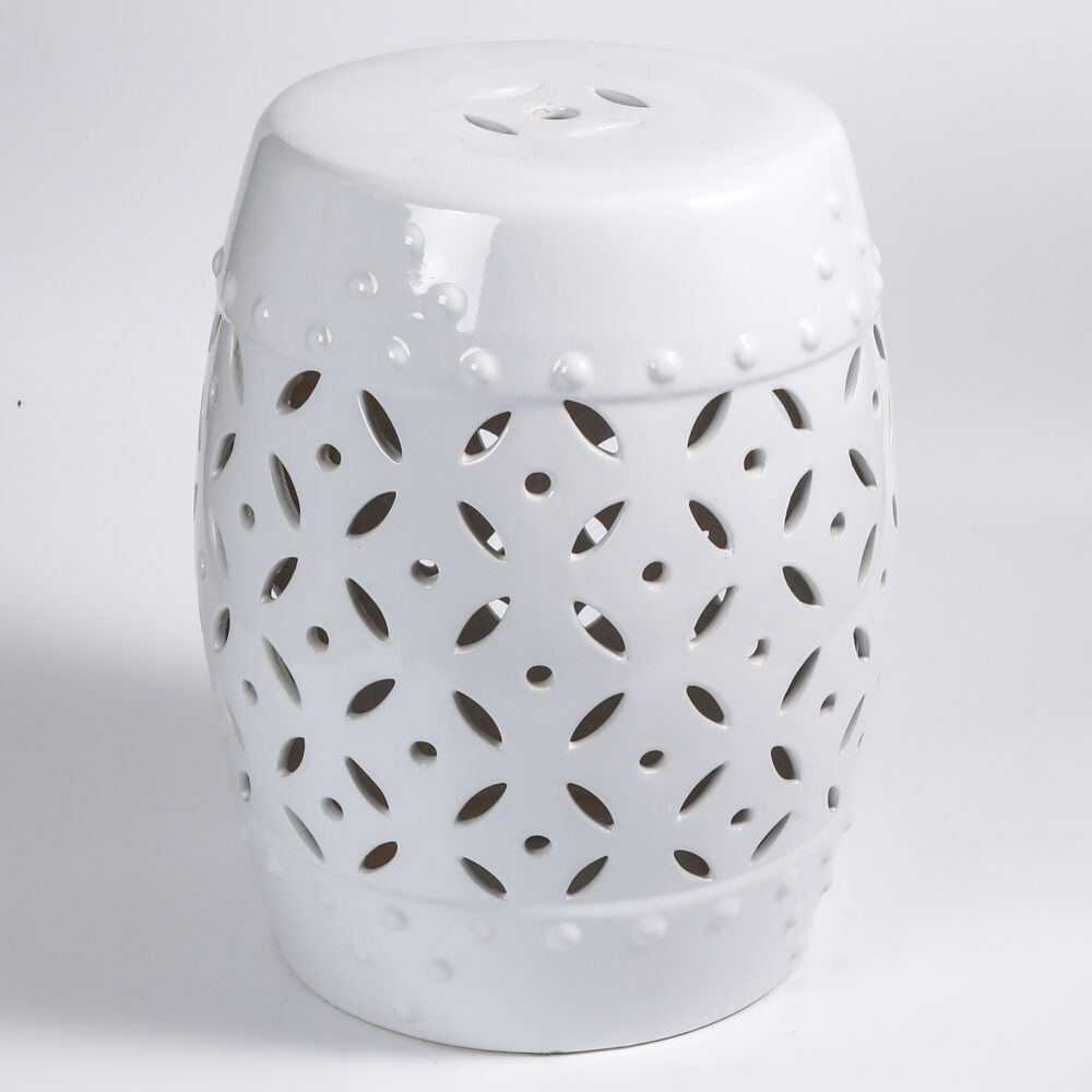 Marble Vein Drum Ceramic Stool with Leaf Hollow Cutout & Stud Trim GS108