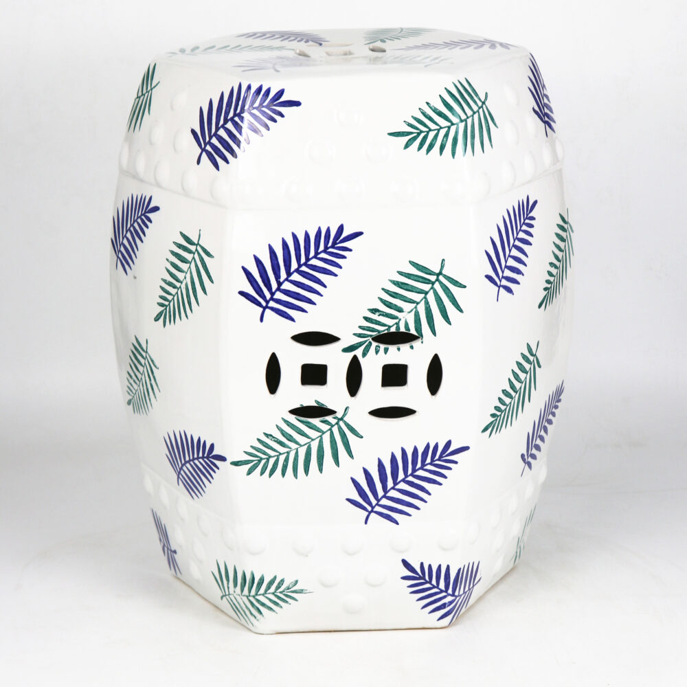 Hexagonal Marble Swirl Ceramic Drum Stool with Coin Hollow Cutouts GS115