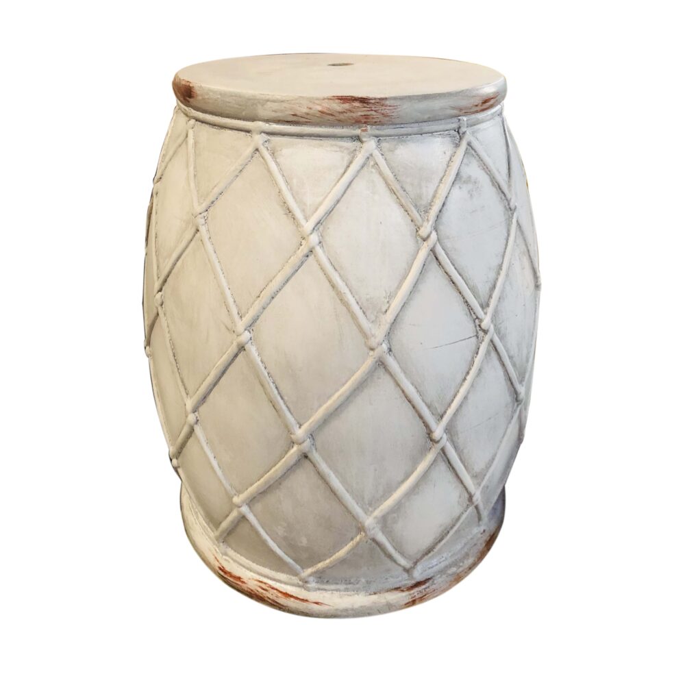 Distressed Raised Diamond Lattice Barrel Ceramic Garden Stool GS120