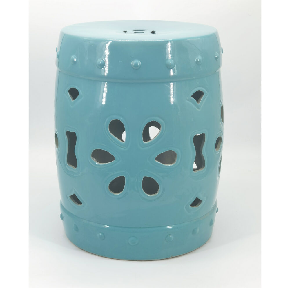 Floral Hollow Cutout Barrel Ceramic Drum Stool with Stud Rim Trim GS121