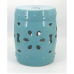 Floral Hollow Cutout Barrel Ceramic Drum Stool with Stud Rim Trim GS121