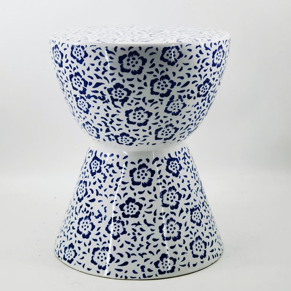 Symmetrical Hourglass Vine Floral Print Ceramic Drum Stool GS135