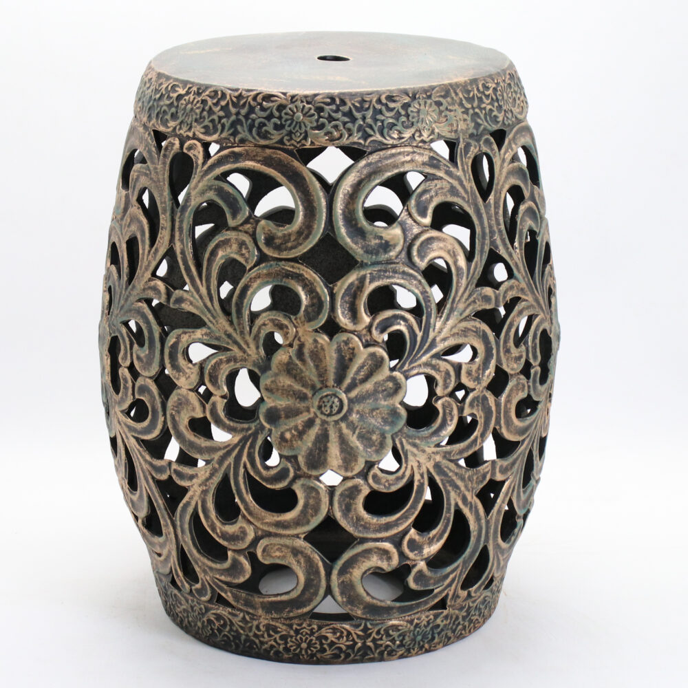 Antique Openwork Floral Scroll Barrel Ceramic Drum Stool GS137