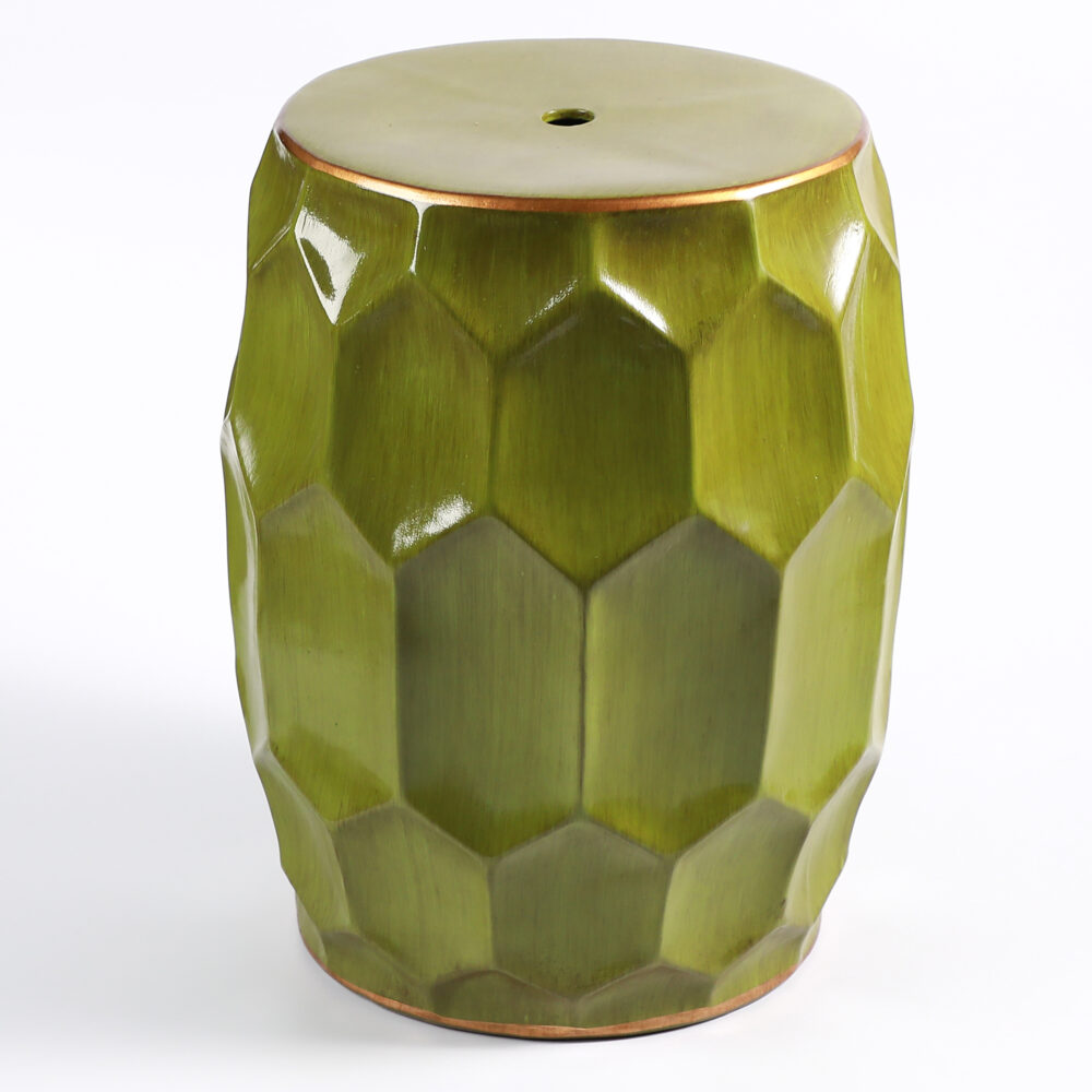 Faceted Hexagon Ceramic Drum Stool with Metallic Trim GS61