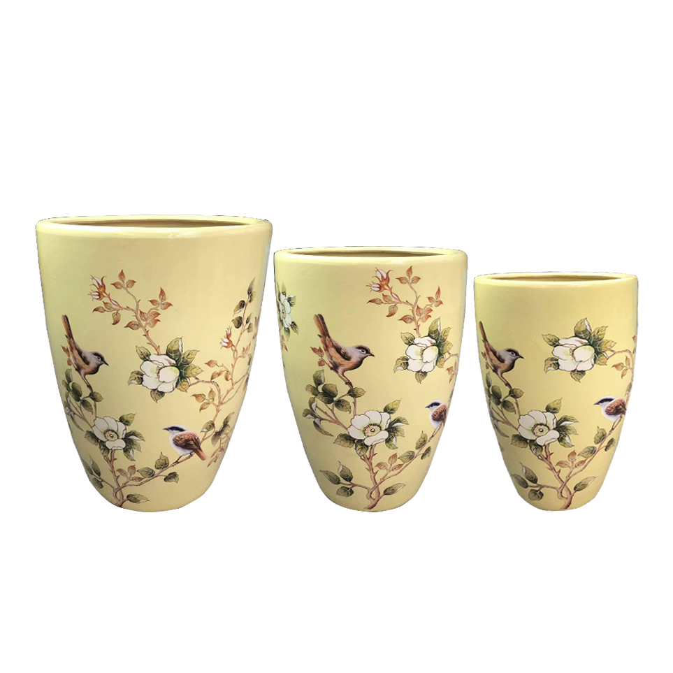 Vintage Floral Bird Print Ceramic Planter Set of 3 A042