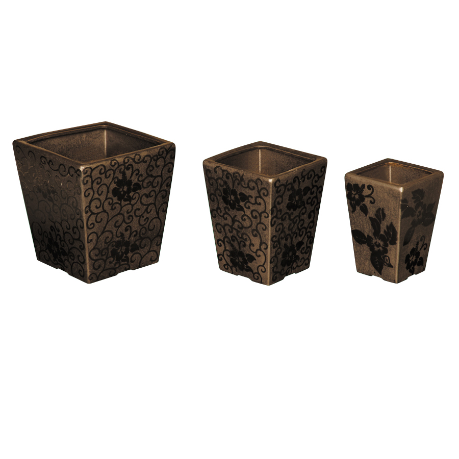 Vintage Floral Scroll Square Tapered Ceramic Planter Set of 3 A049