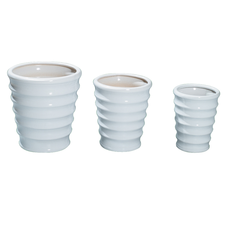 Set of 3 Ribbed Cylindrical Ceramic Plant Pots A069