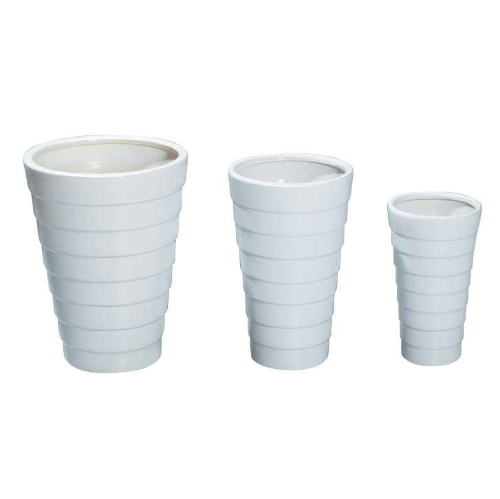 Set of 3 Tapered Horizontal Groove Ceramic Planters A080
