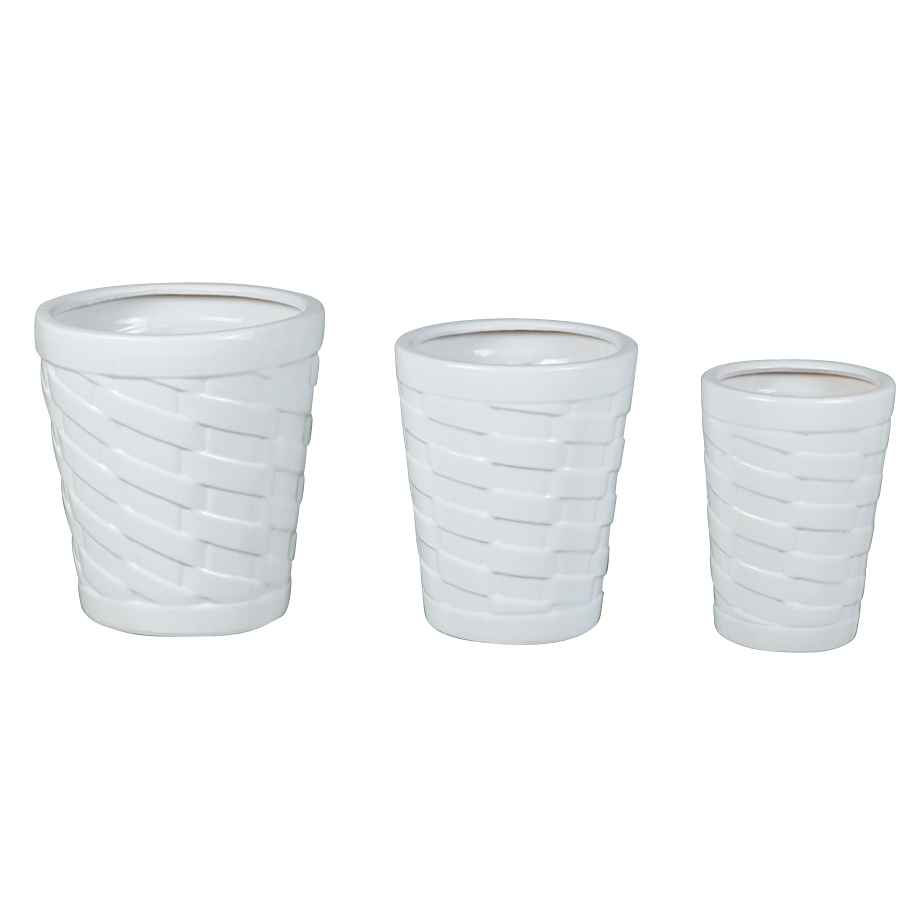 Set of 3 Woven‑Pattern Embossed Ceramic Planter Pots A091