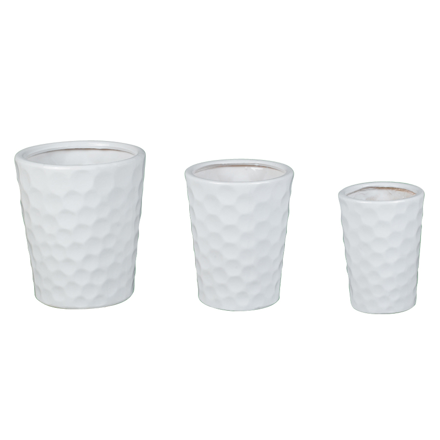 Set of 3 Honeycomb Embossed Tapered Ceramic Plant Pots A093