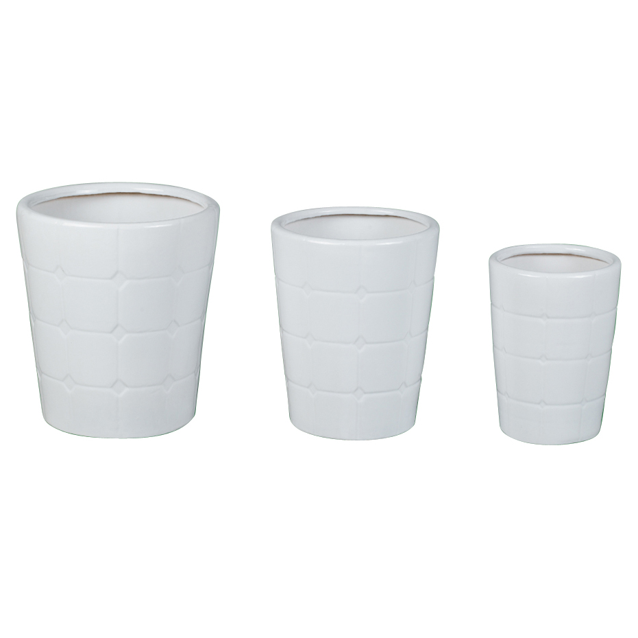 Set of 3 Grid Embossed Tapered Ceramic Plant Pots A098