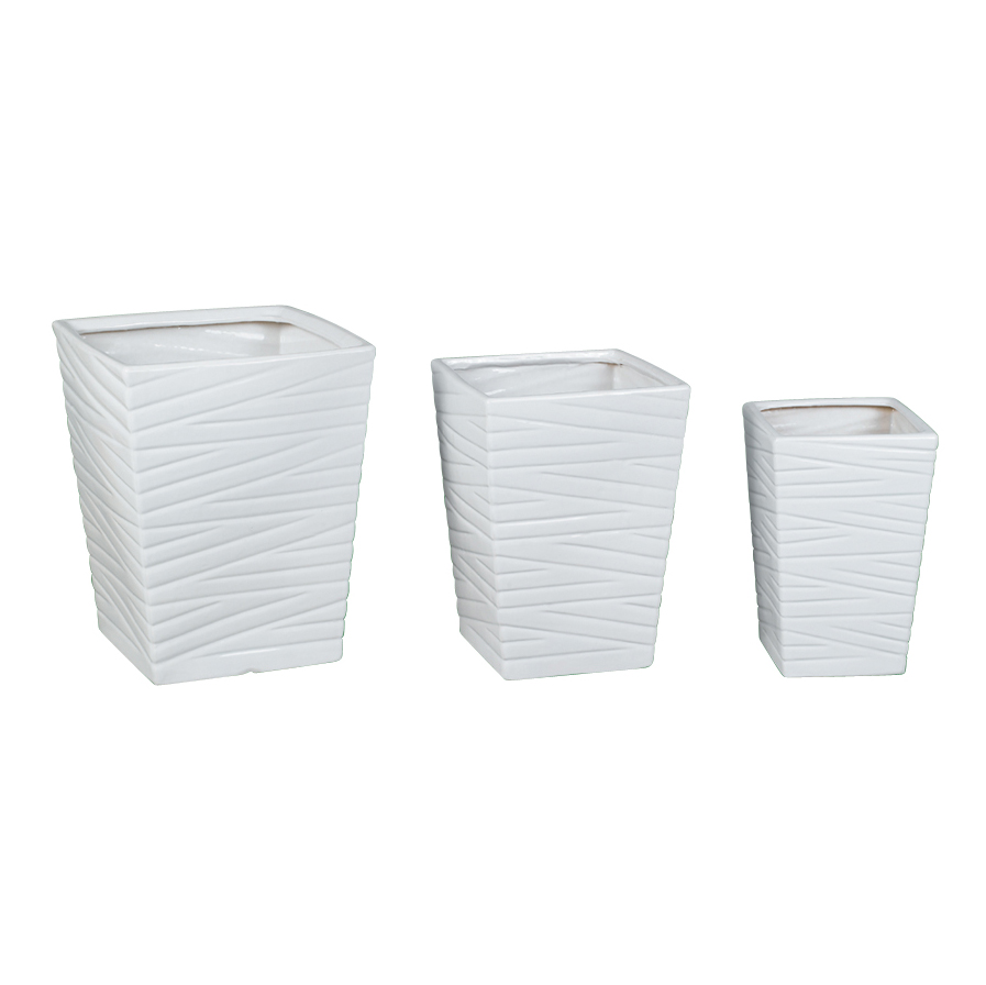 Set of 3 Square Tapered Ceramic Planters with Diagonal Embossed Texture A124