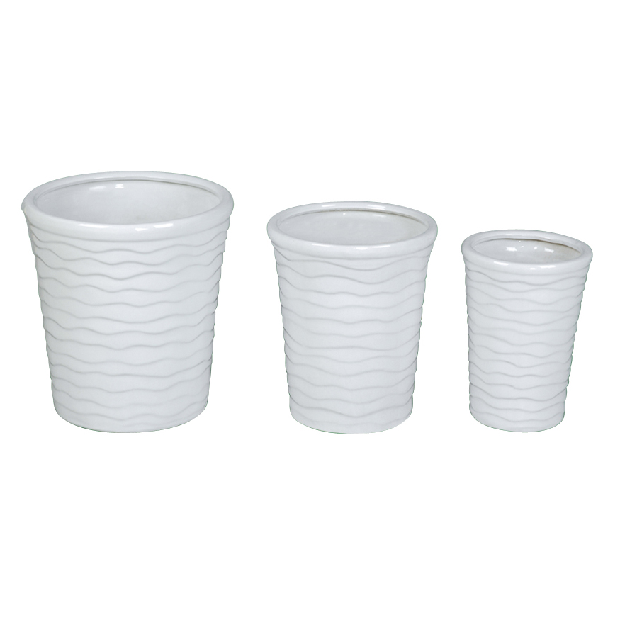 Set of 3 Wavy Line Embossed Cylindrical Ceramic Plant Pots A125