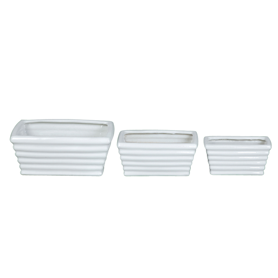 Set of 3 Rectangular Horizontal Ribbed Ceramic Planter Pots A126