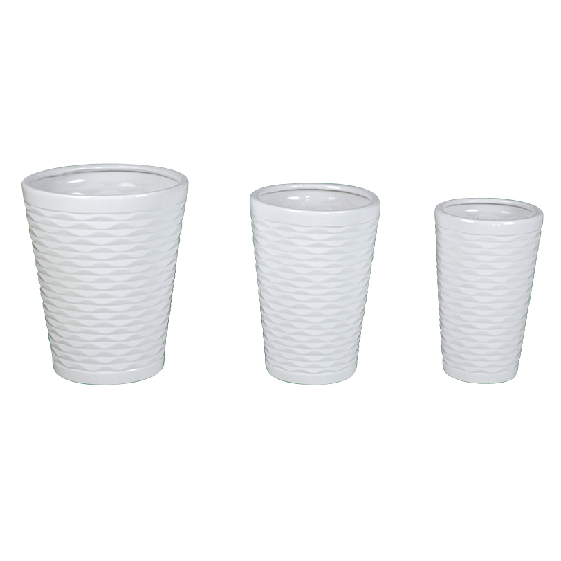 Set of 3 Tall Wavy‑Ribbed Tapered Ceramic Plant Pots A131