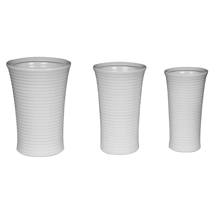 Set of 3 Tall Horizontal Ribbed Curved Ceramic Planter Pots A135