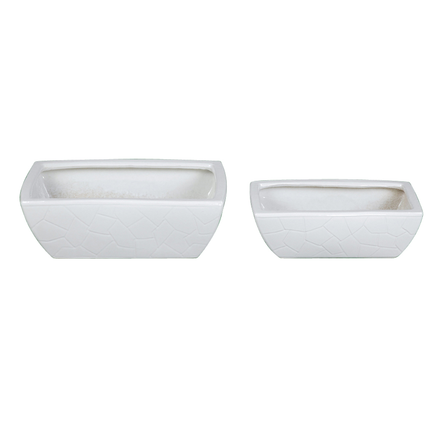 Set of 2 Rectangular Crack‑Pattern Embossed Ceramic Planters A138