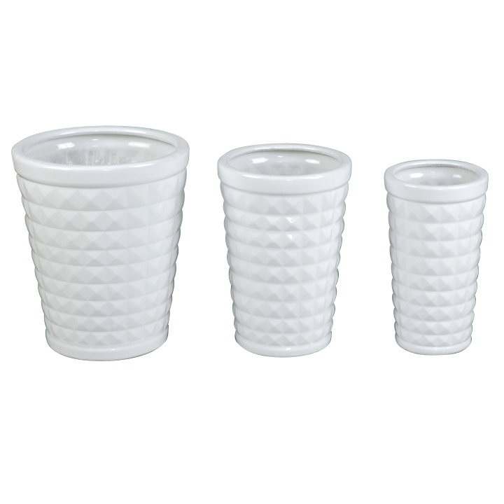 Set of 3 Diamond Embossed Tapered Ceramic Plant Pots A147