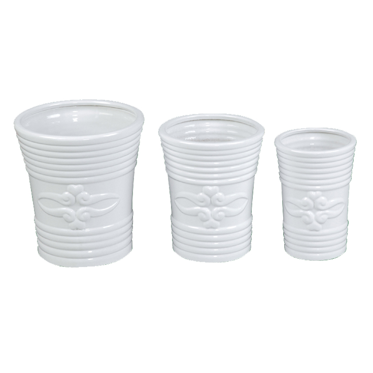 Set of 3 Tapered Ceramic Planters with Embossed Floral Motif A149
