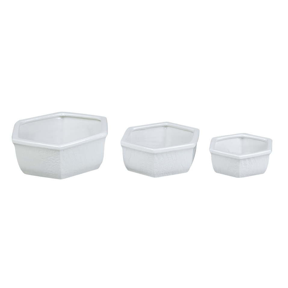 Set of 3 Hexagonal Textured Shallow Ceramic Planter Pots A152
