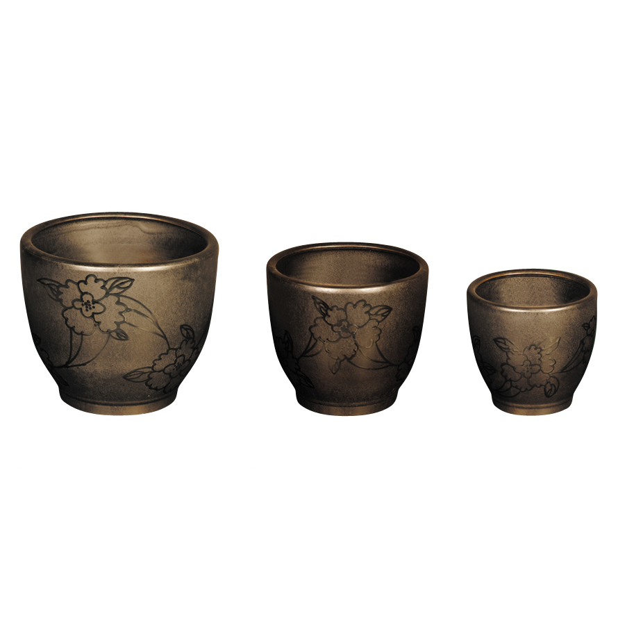 Set of 3 Round Ceramic Plant Pots with Floral Print A155