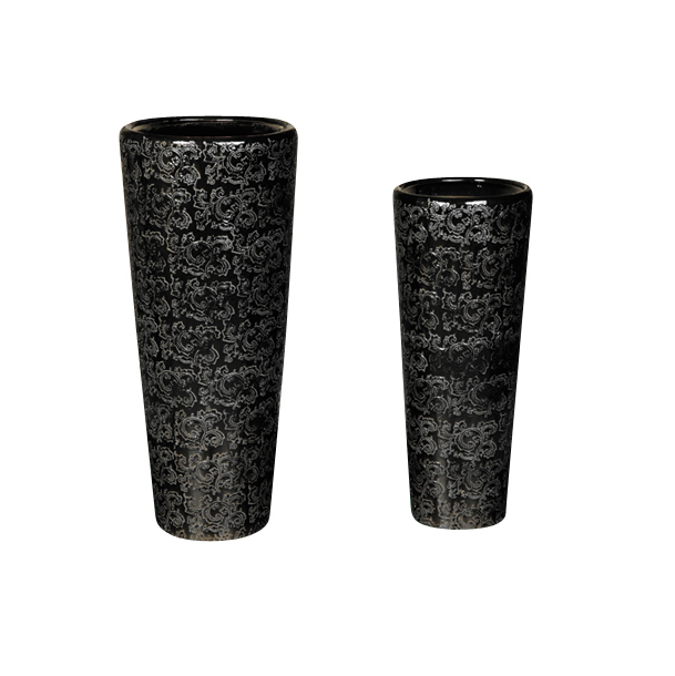 Set of 2 Tall Cylindrical Tapered Planters, Ornate Scroll‑Pattern Decorative Plant Pots  A193