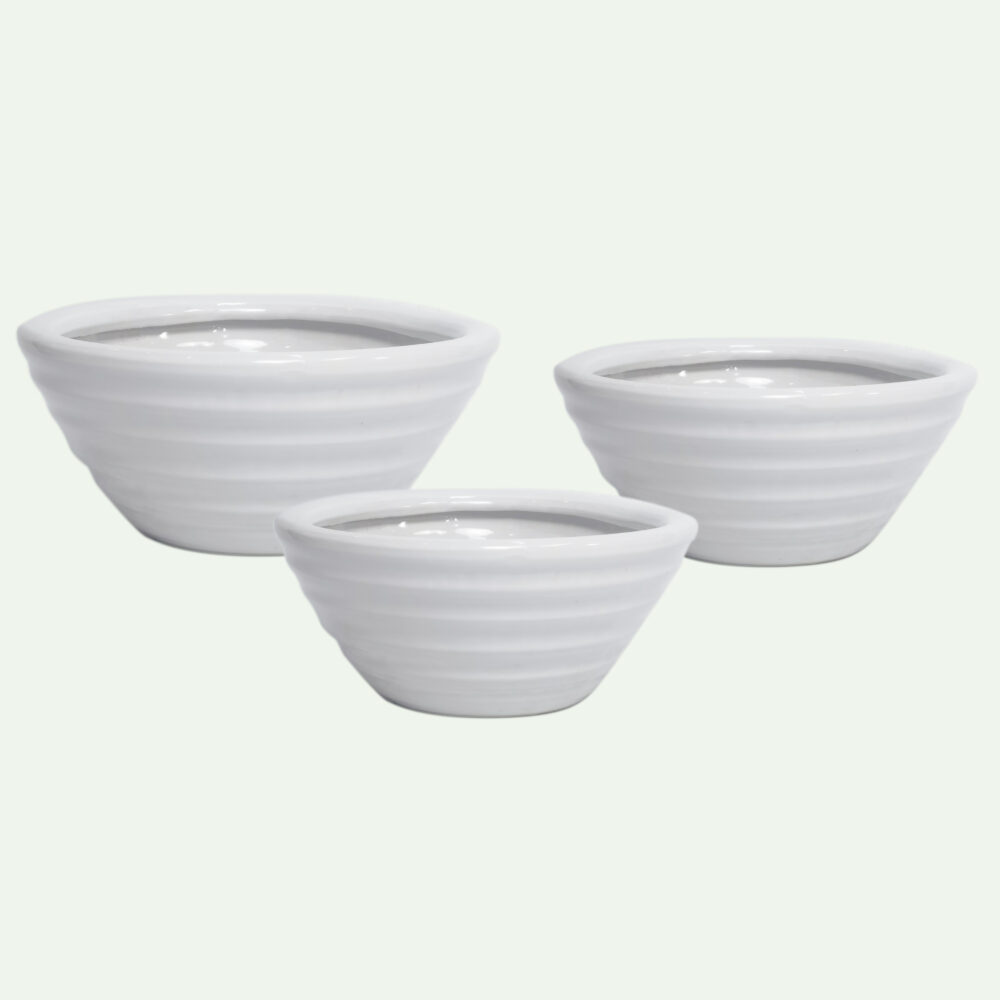 Modern Ribbed Shallow Bowl Plant Pot Collection of 3, Decorative Wide Planters  A213