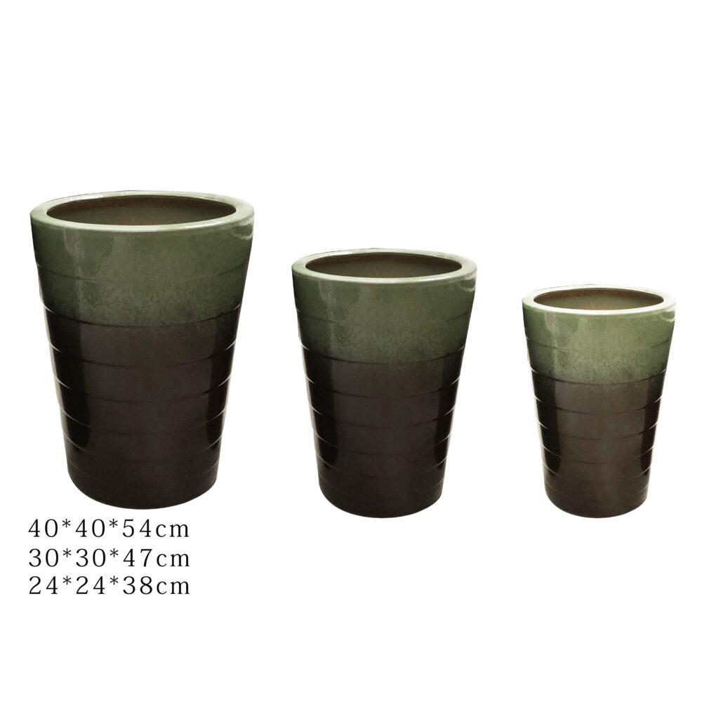 Set of 3 Tall Tapered Ribbed Ceramic Floor Planters, Gradient‑Glazed Large Plant Pots  A281