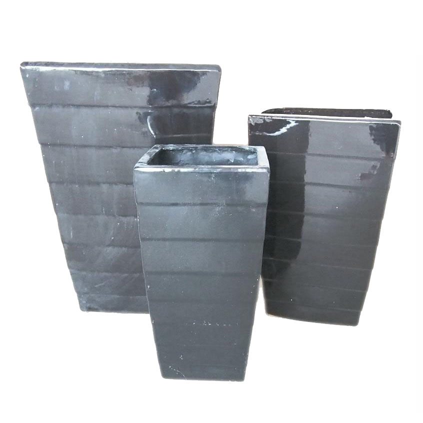 3‑Piece Square Tall Ceramic Plant Pot Set, Striped Patio Planters A282