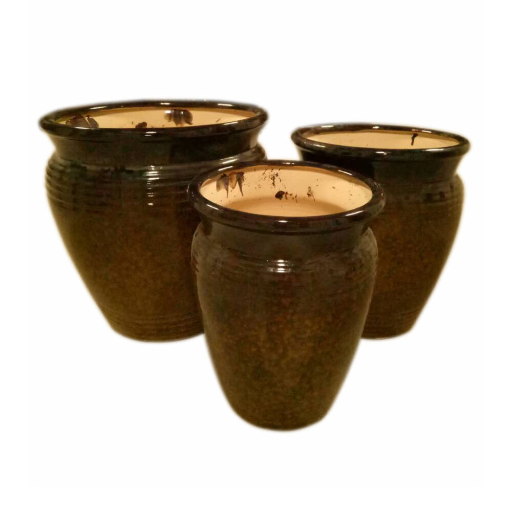 Classic Round Ceramic Plant Pot Set of 3, Ribbed Textured Planters A283