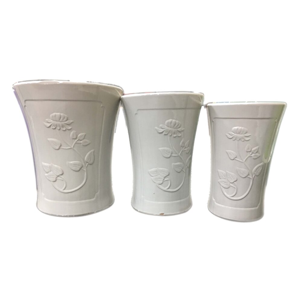 Tapered Ceramic Plant Pot Set of 3, Raised Floral Relief Planters A285
