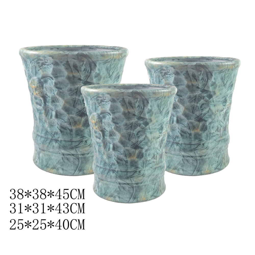Tall Embossed Ceramic Planter 3‑Pack, Rustic Textured Plant Containers A286