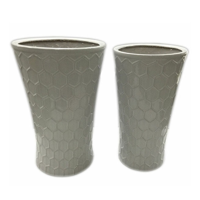 Geometric Honeycomb Relief Ceramic Plant Pot Set of 2 for Indoor Outdoor A290