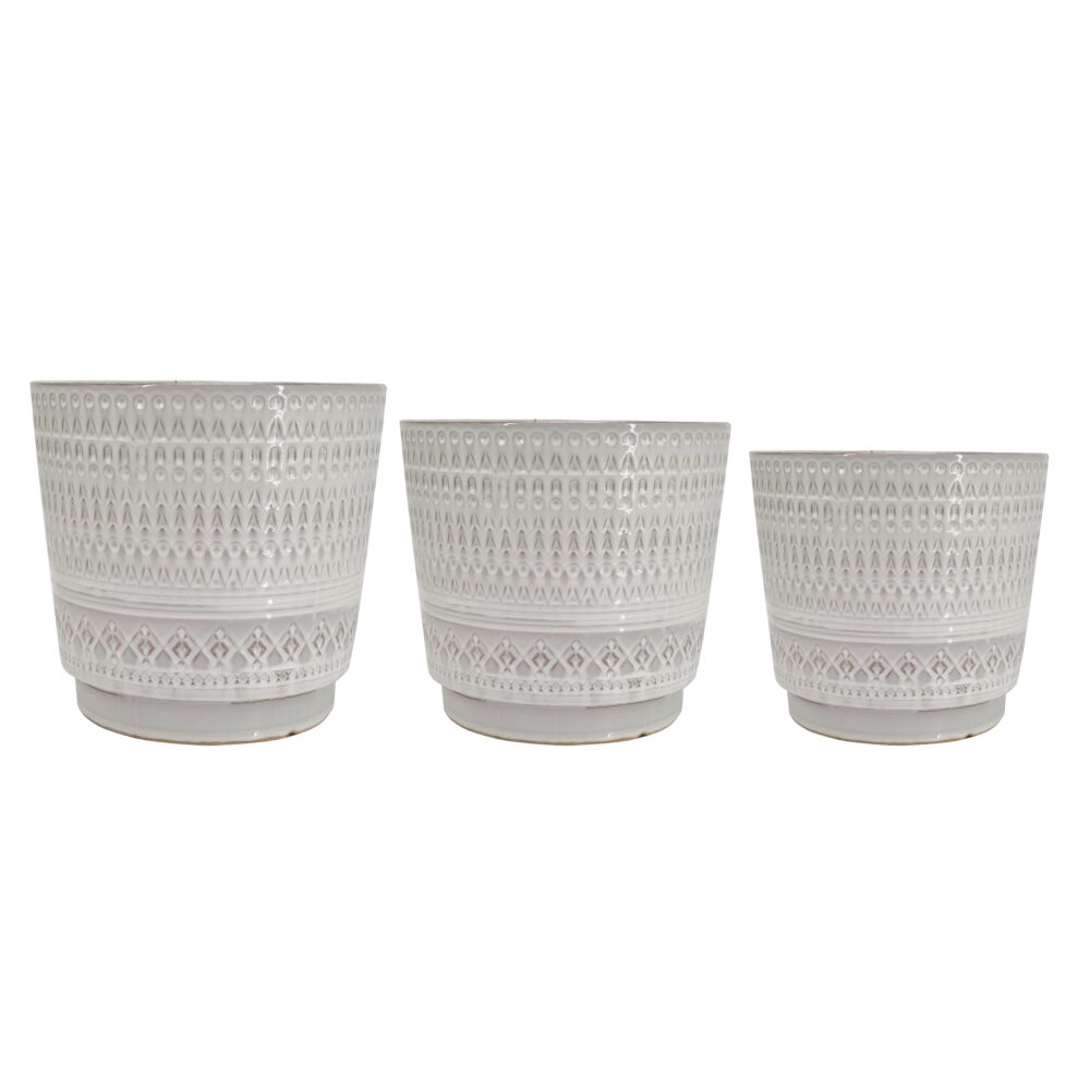 Vintage Embossed Geometric Ceramic Planters Set of 3, Decor Tapered Pots for Houseplants A302