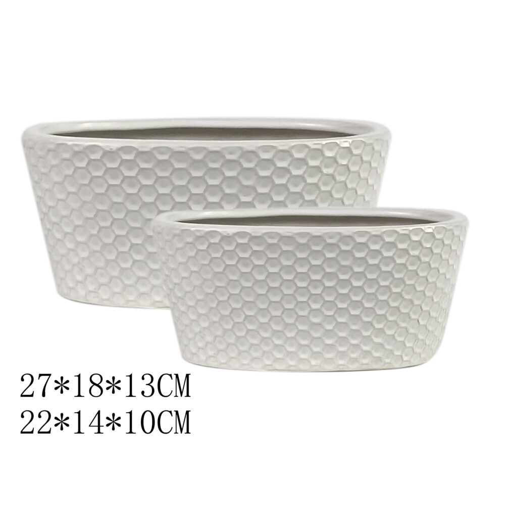 Set of 2 Honeycomb‑Textured Oval Ceramic Plant Pots A336