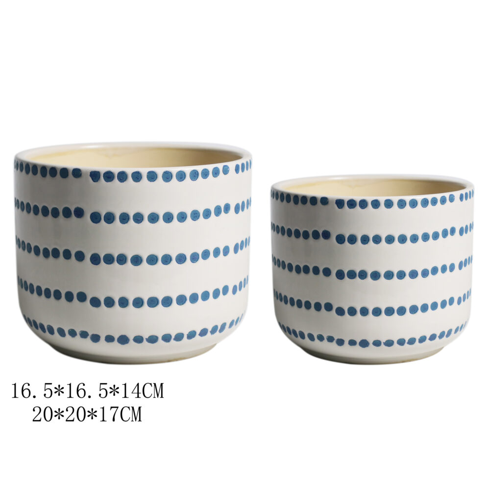 Set of 2 Striped Dot‑Pattern Ceramic Plant Pots A339