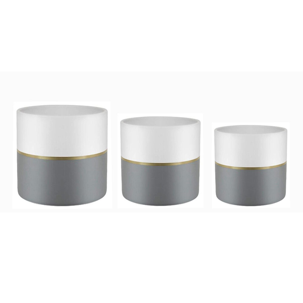 Set of 3 Two‑Tone Cylindrical Ceramic Plant Pots with Gold Trim A344