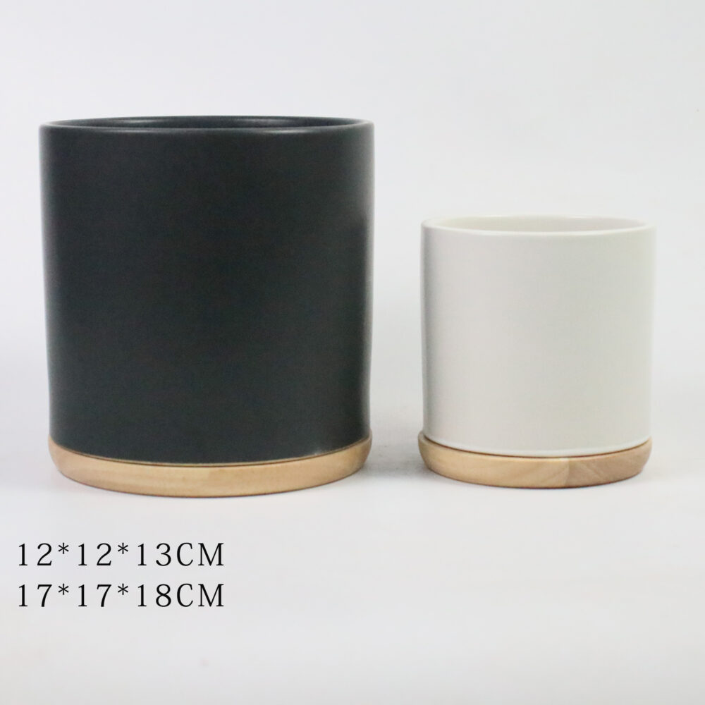 Set of 2 Cylindrical Ceramic Plant Pots with Wooden Saucers A346
