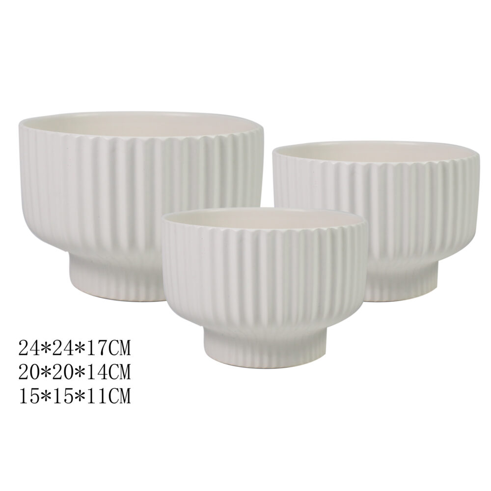 Set of 3 Ribbed Pedestal Ceramic Plant Pots A373