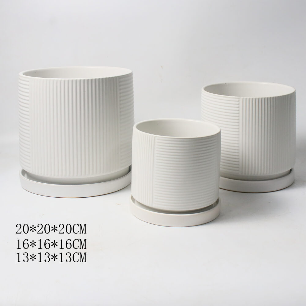 Set of 3 Textured Cylindrical Ceramic Plant Pots with Matching Saucers A374
