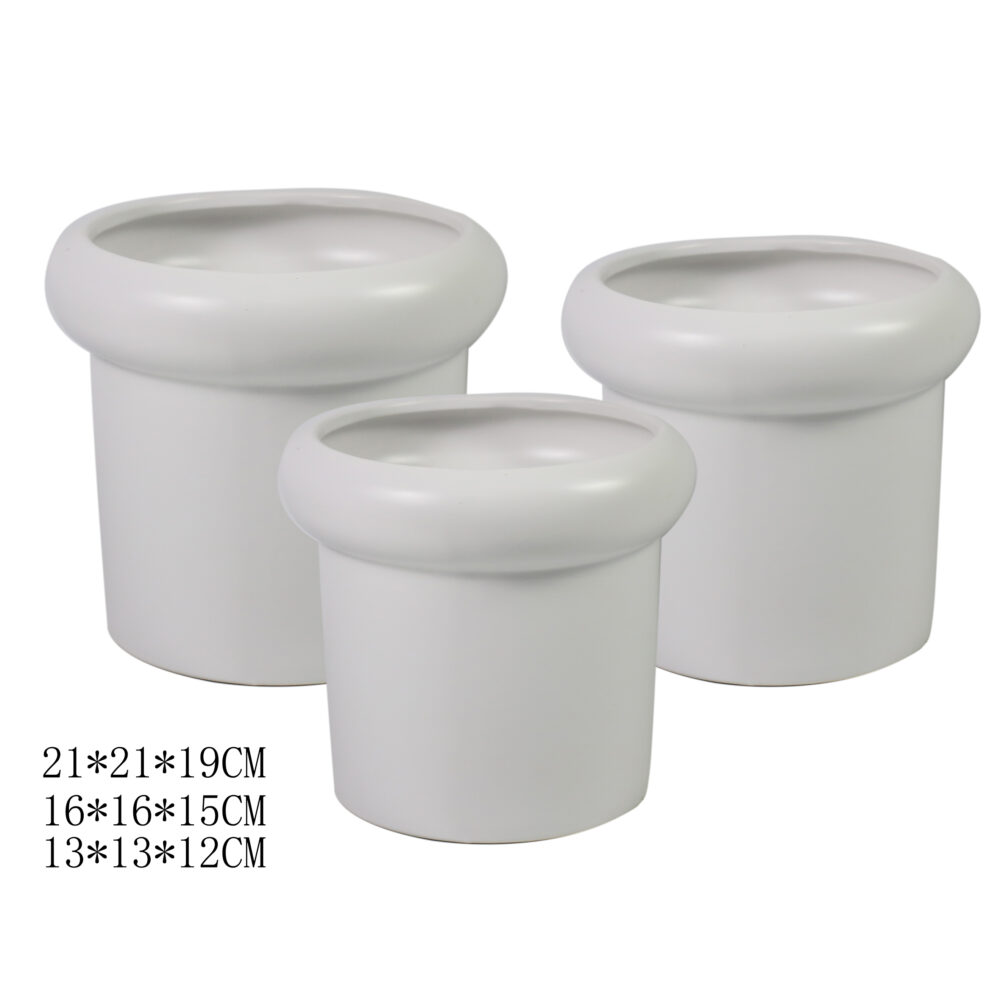 Set of 3 Cylindrical Ceramic Plant Pots with Bulky Rolled Rim  A377